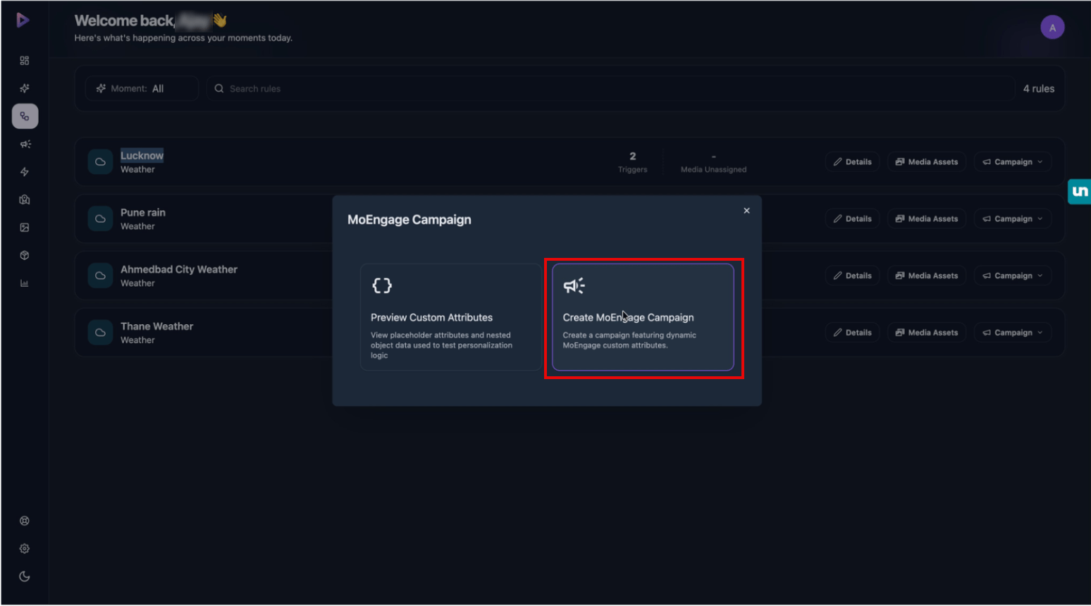 Wootag MoEngage Campaign modal with the Create MoEngage Campaign option highlighted