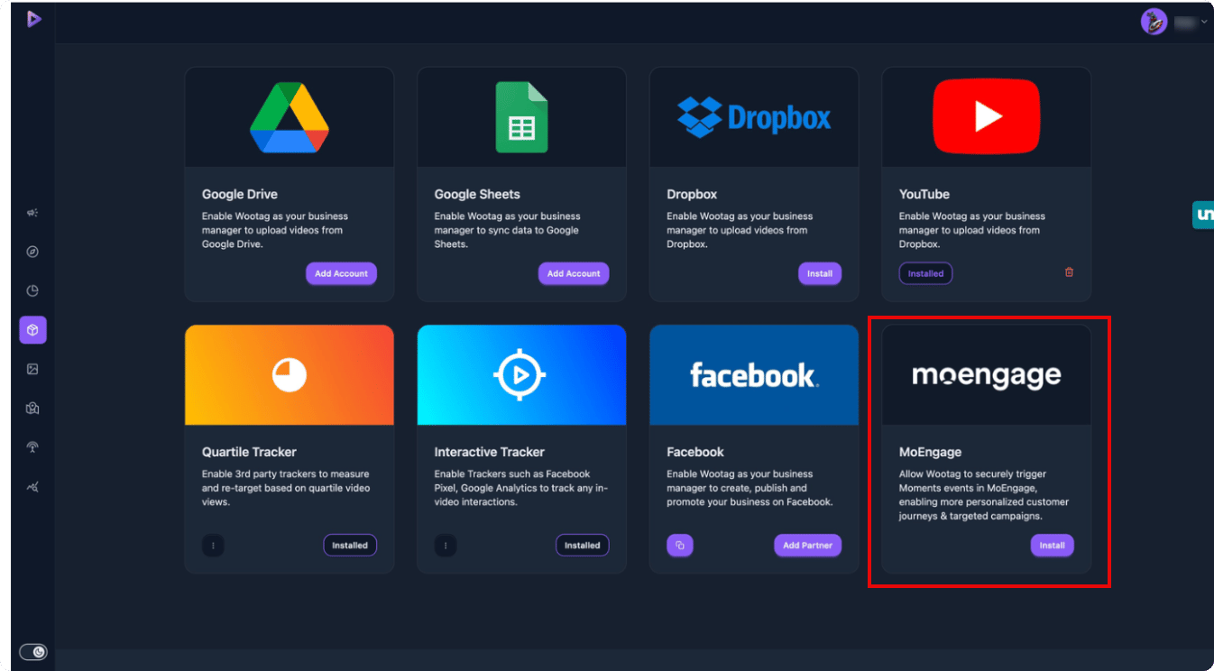 Wootag Apps marketplace with the MoEngage tile highlighted
