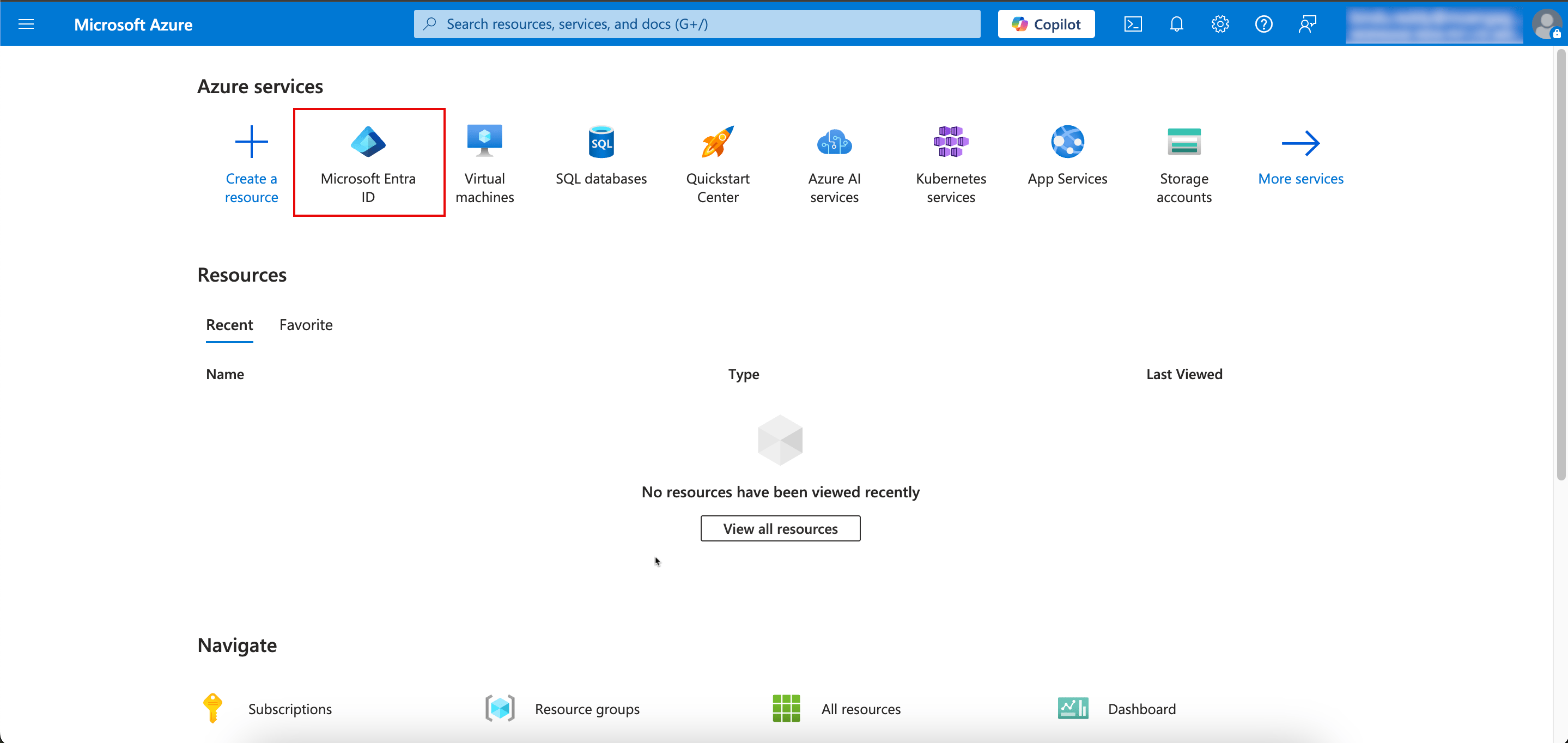 Azure services page with the Microsoft Entra ID tile