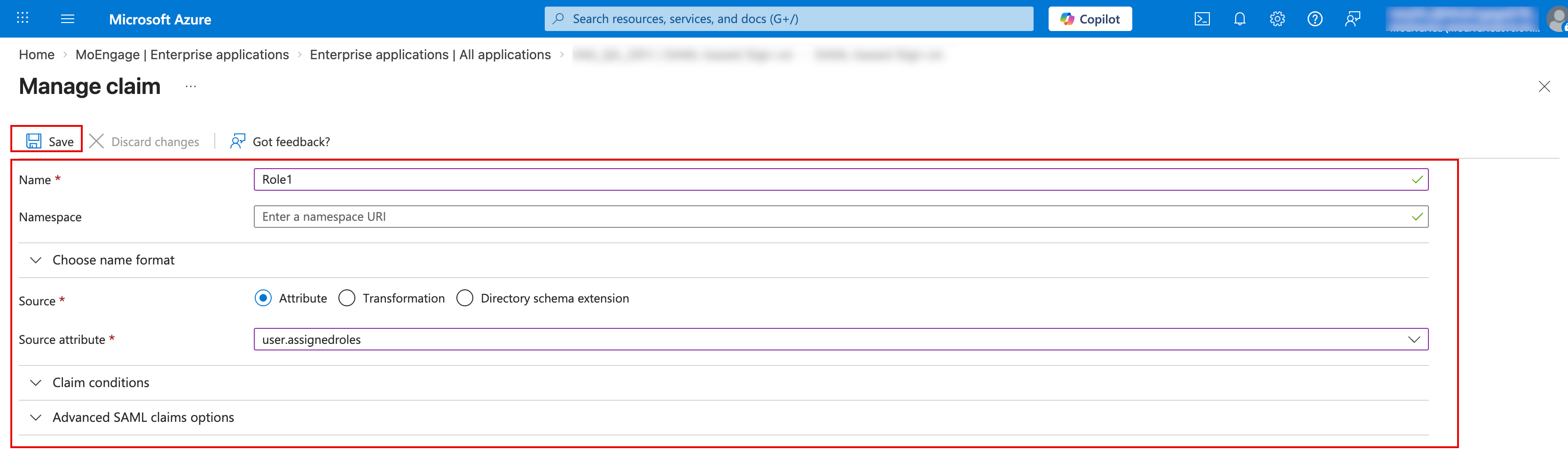 Manage claim page with the saved role claim