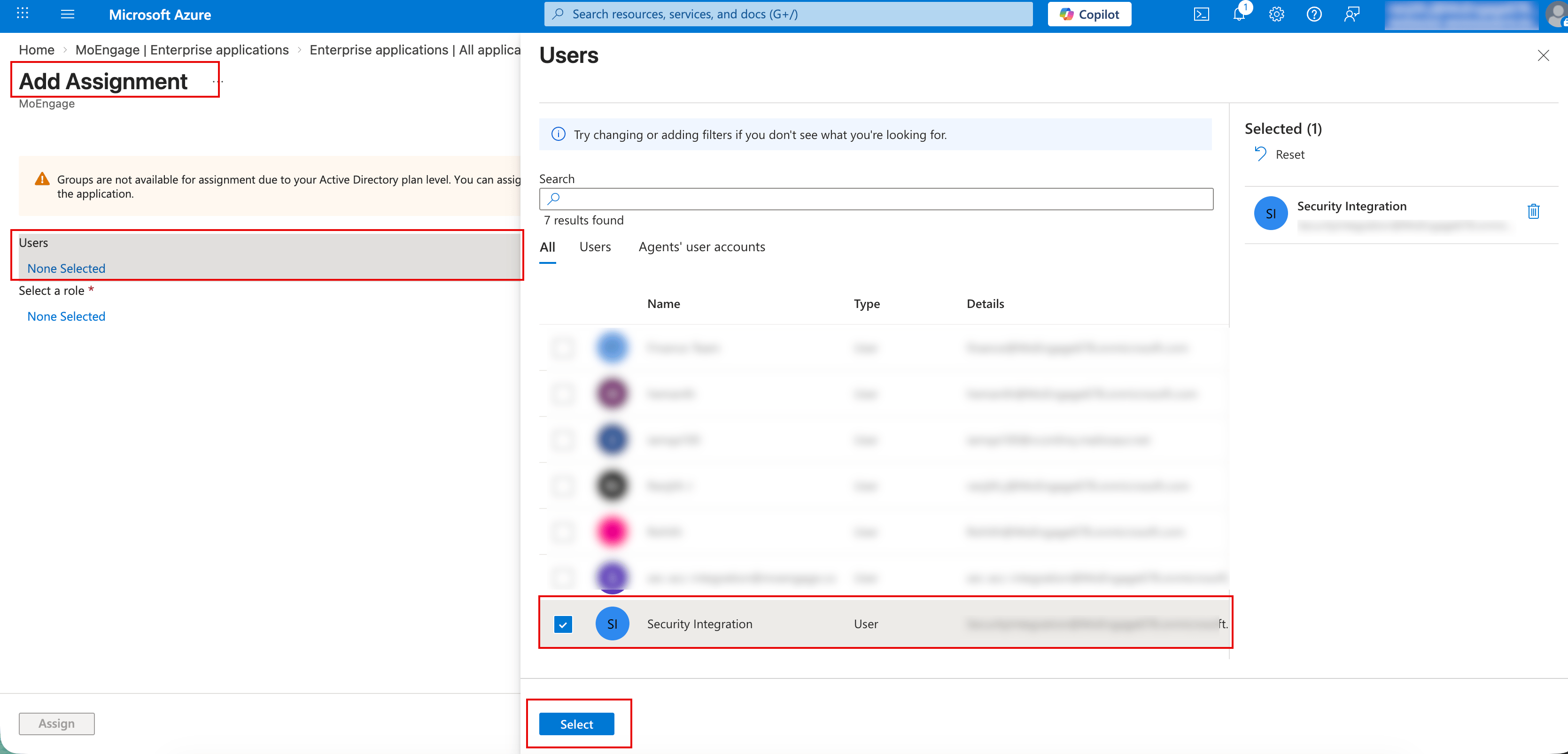 Users dialog box pane with a user selected
