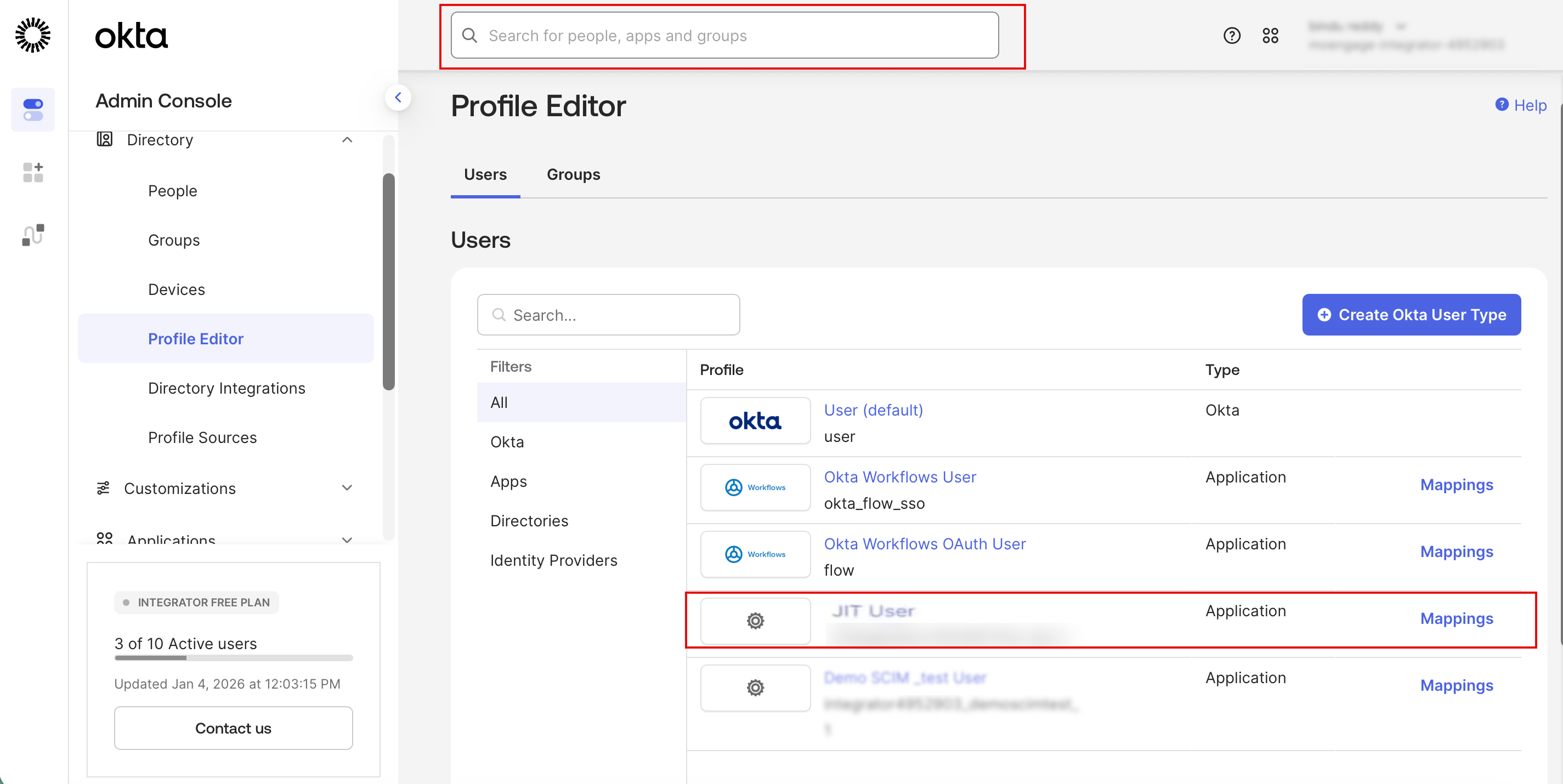 Okta Profile Editor page with the MoEngage SSO application selected