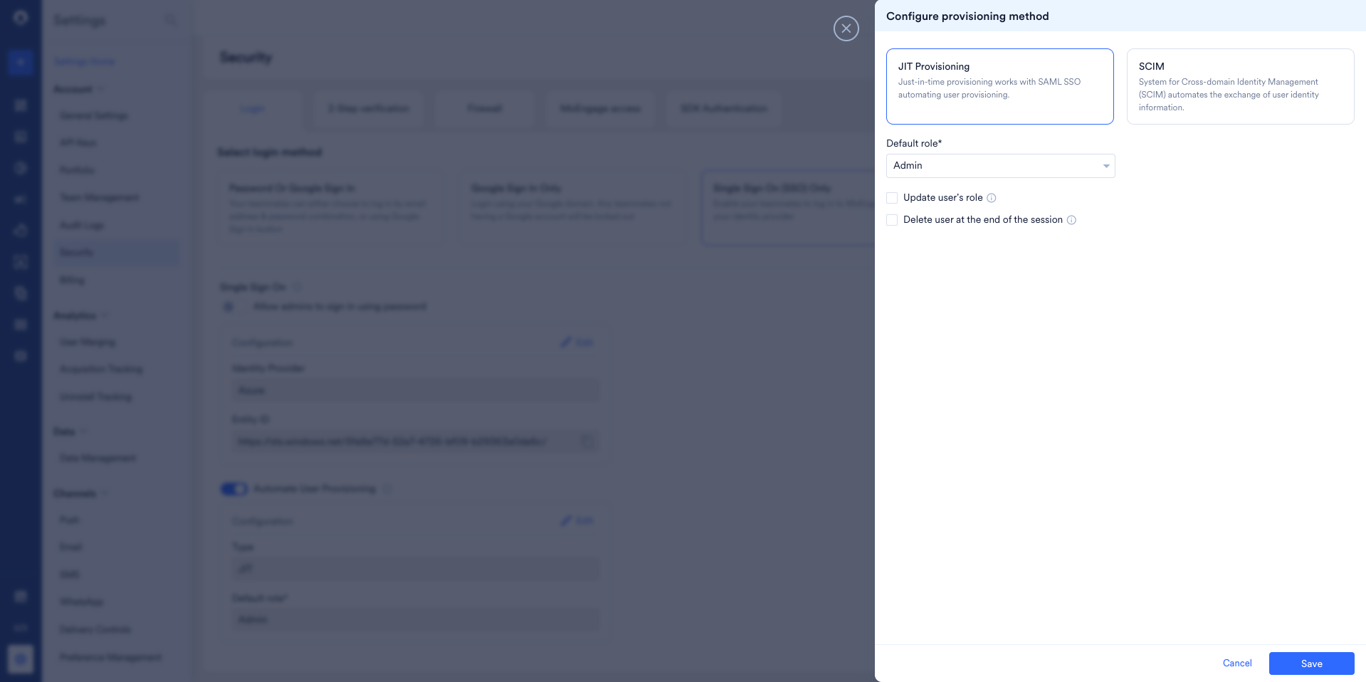Configure provisioning method dialog with JIT Provisioning selected