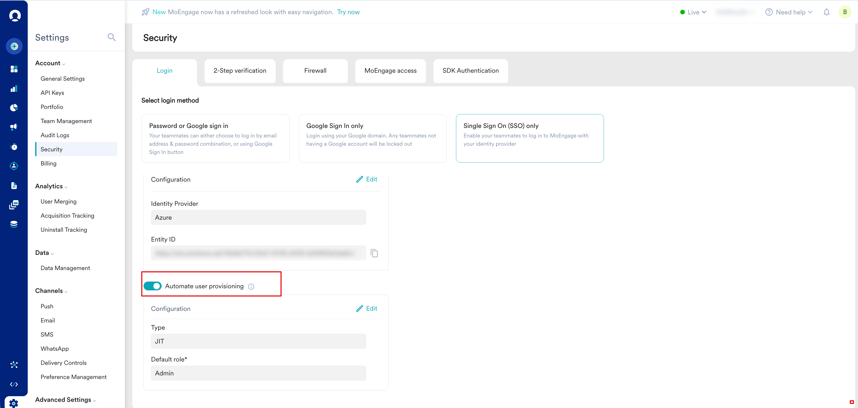Automate user provisioning toggle turned off