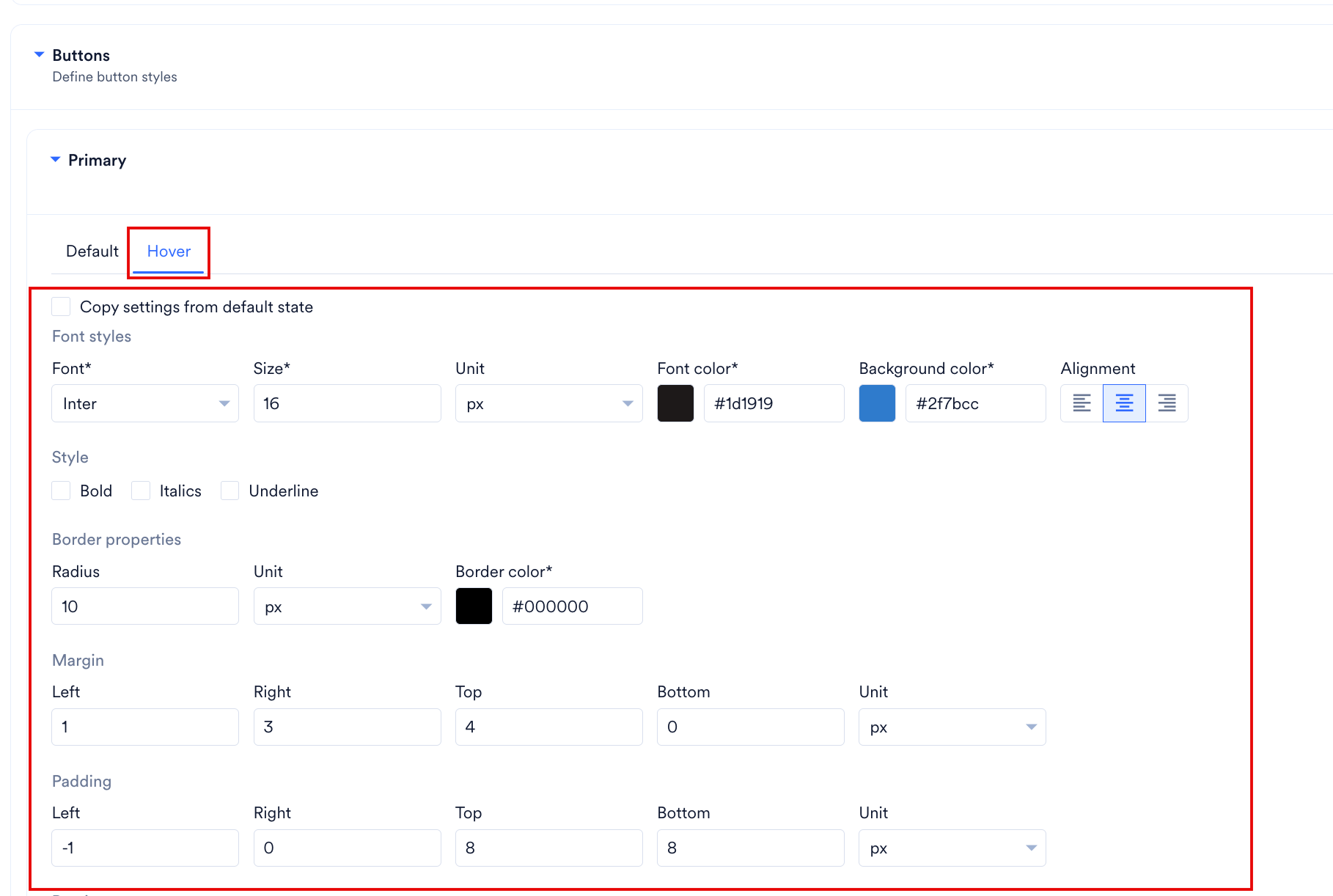 Hover button settings