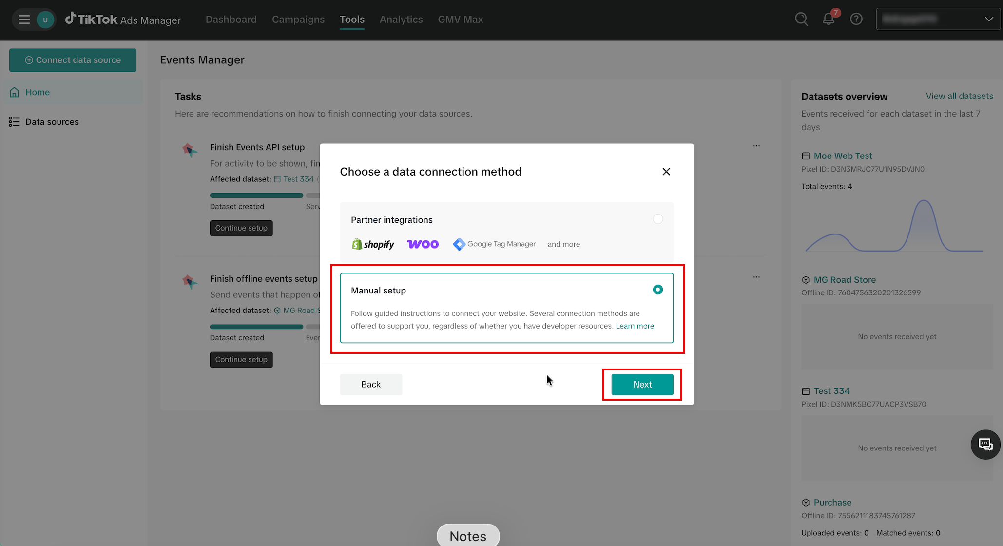 In the Choose a data connection method dialog box, select Manual setup and then click Next