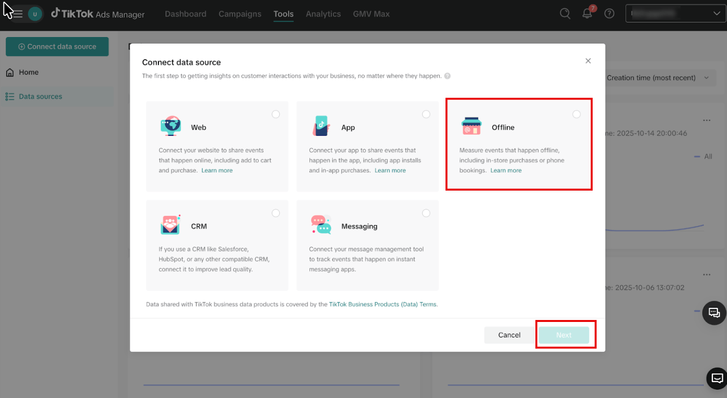 In the Connect data source dialog box, select Offline and then click Next