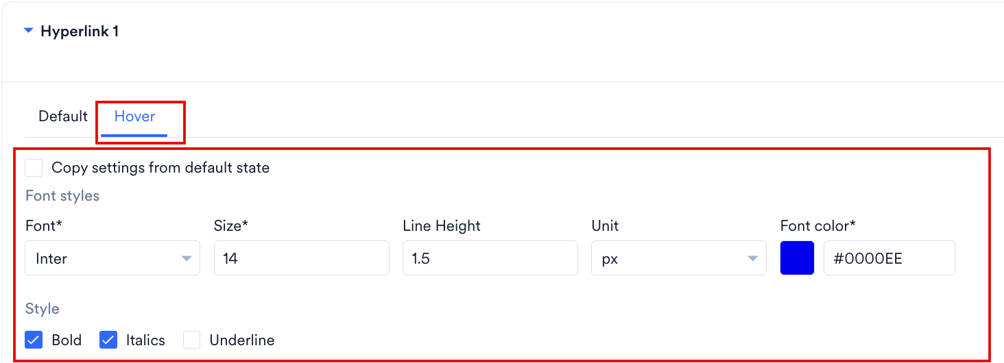 Hyperlinks hover settings