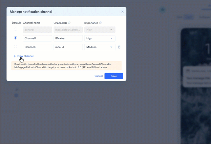 Manage notification channel modal showing channel name, ID, and importance fields