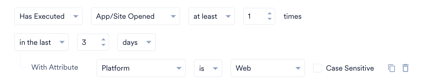 Filter view showing an event attribute filter for Platform is WEB in Recent Events.