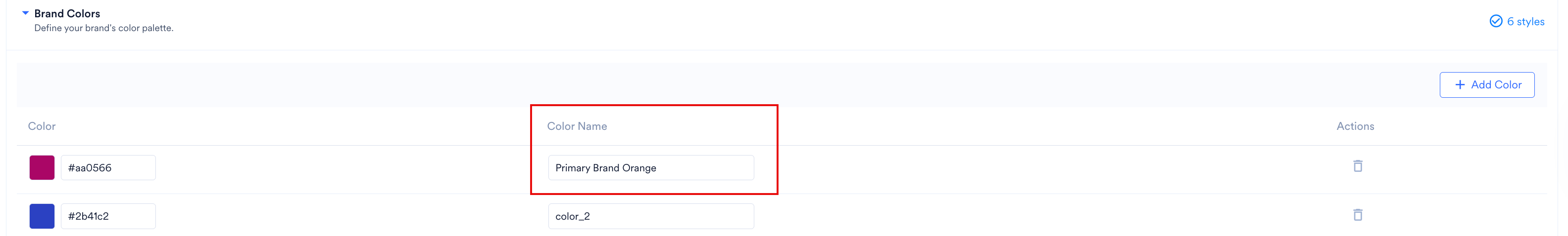 Brand color name field