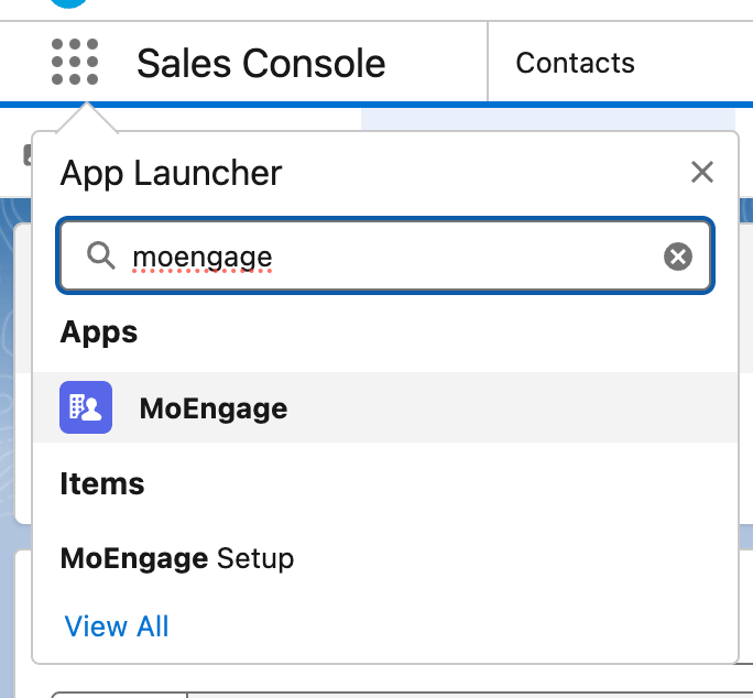 Salesforce App Launcher with the MoEngage App selected