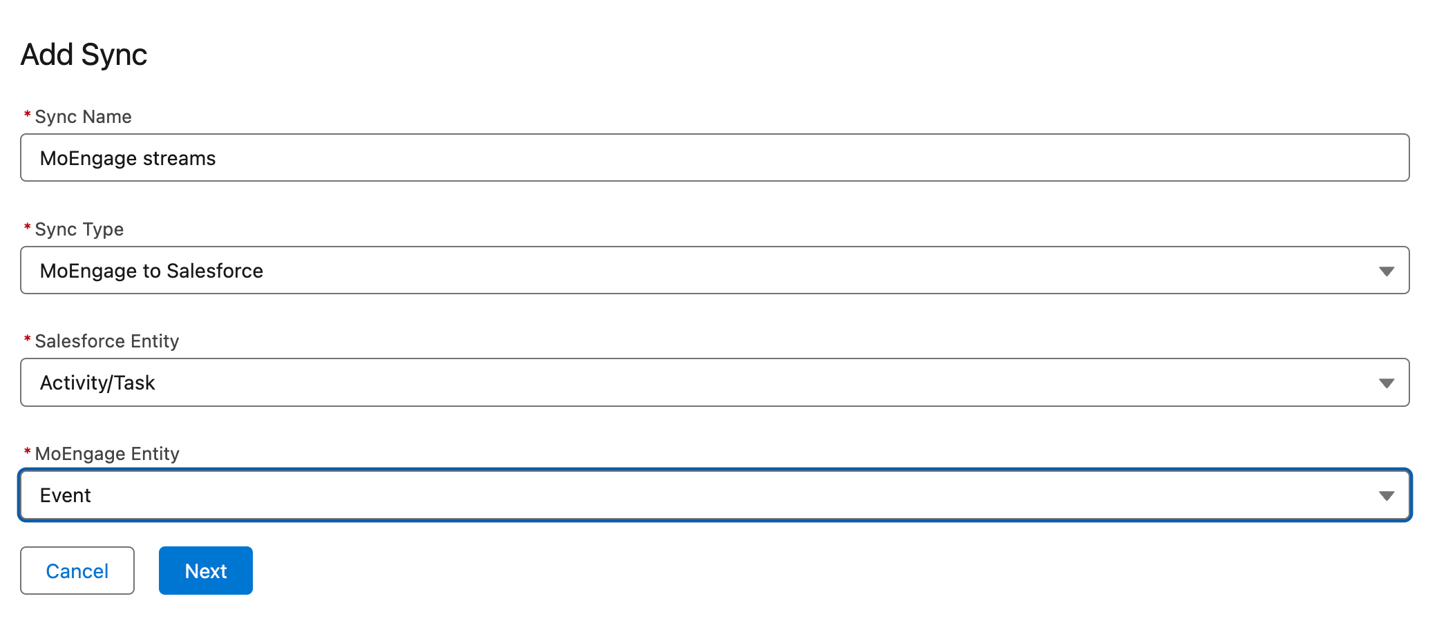 Basic sync details form for a new MoEngage-to-Salesforce sync