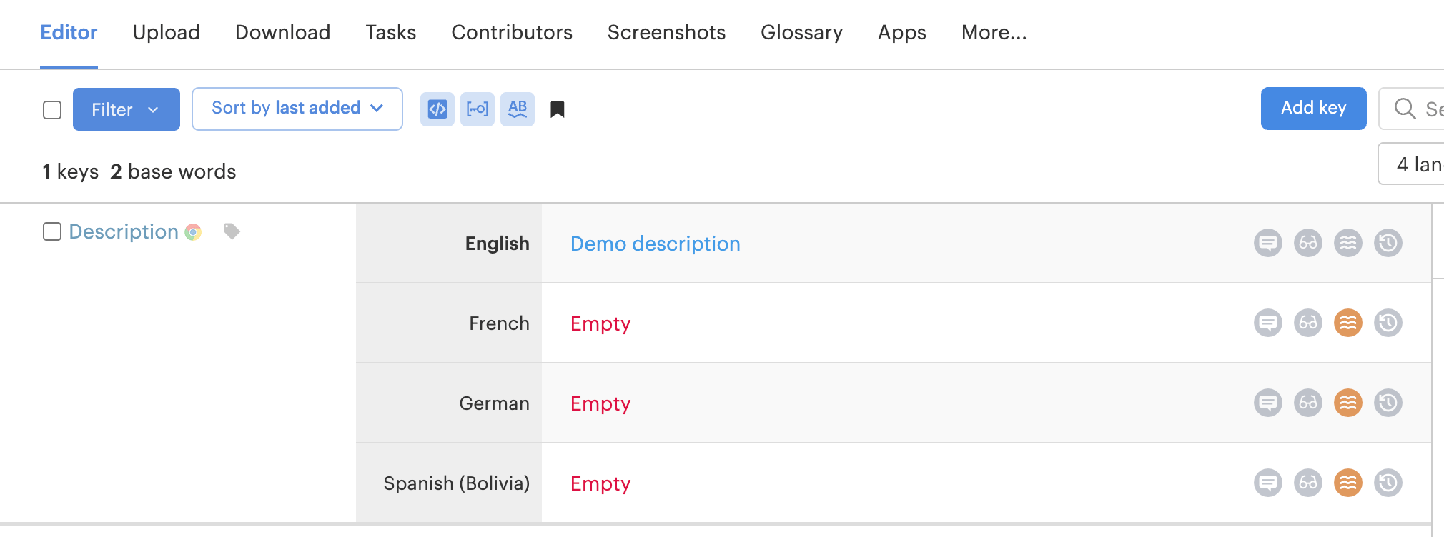 Lokalise project editor showing translations entered for multiple target languages