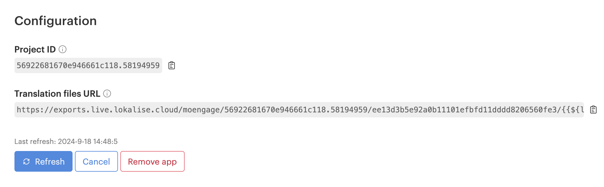 Lokalise MoEngage app showing the generated translation file URL