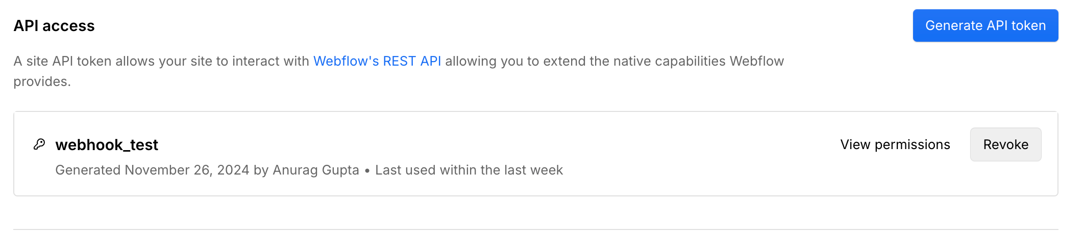 Webflow Apps and Integration page with the API access section visible