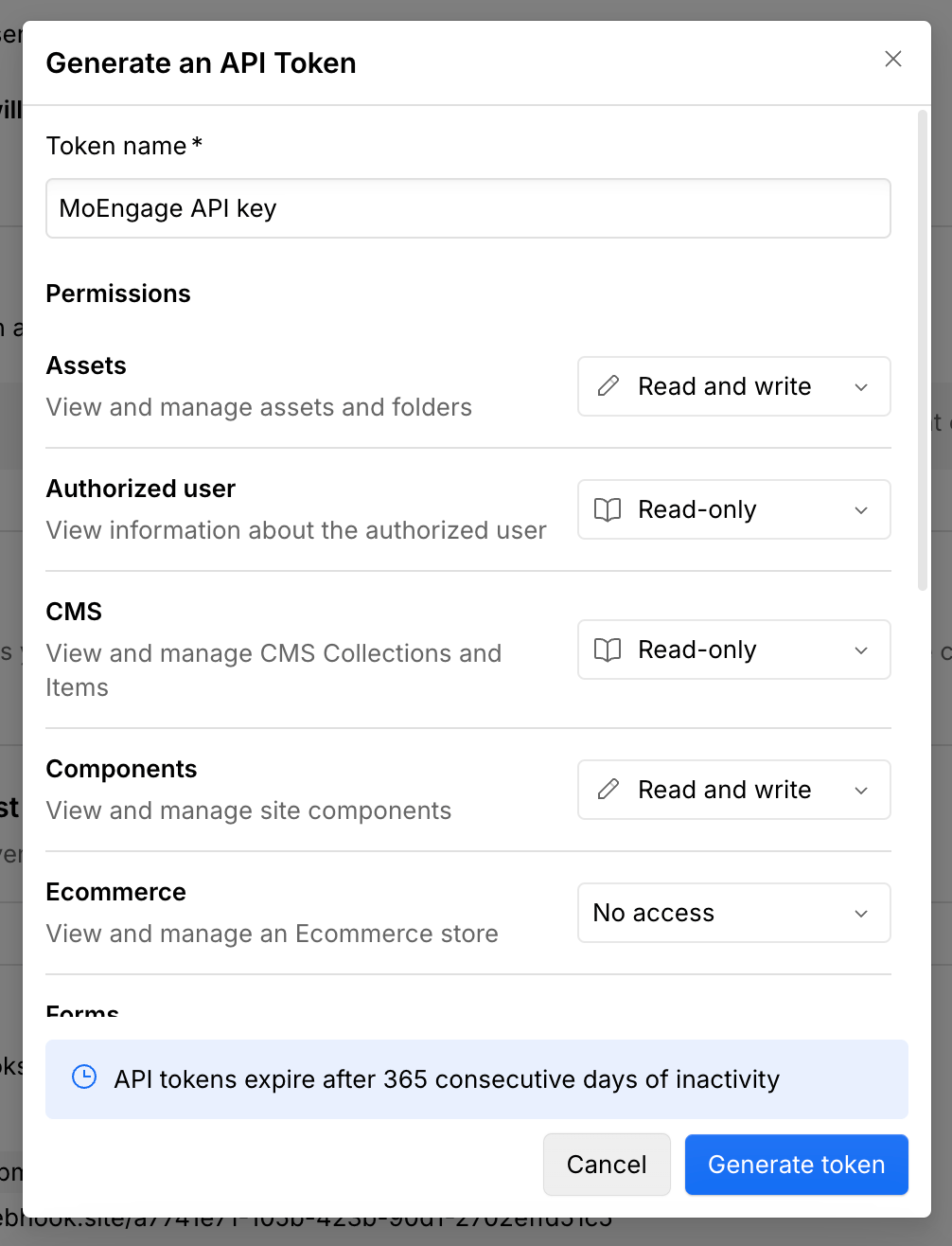 Webflow API key creation form with name and permission scopes configured