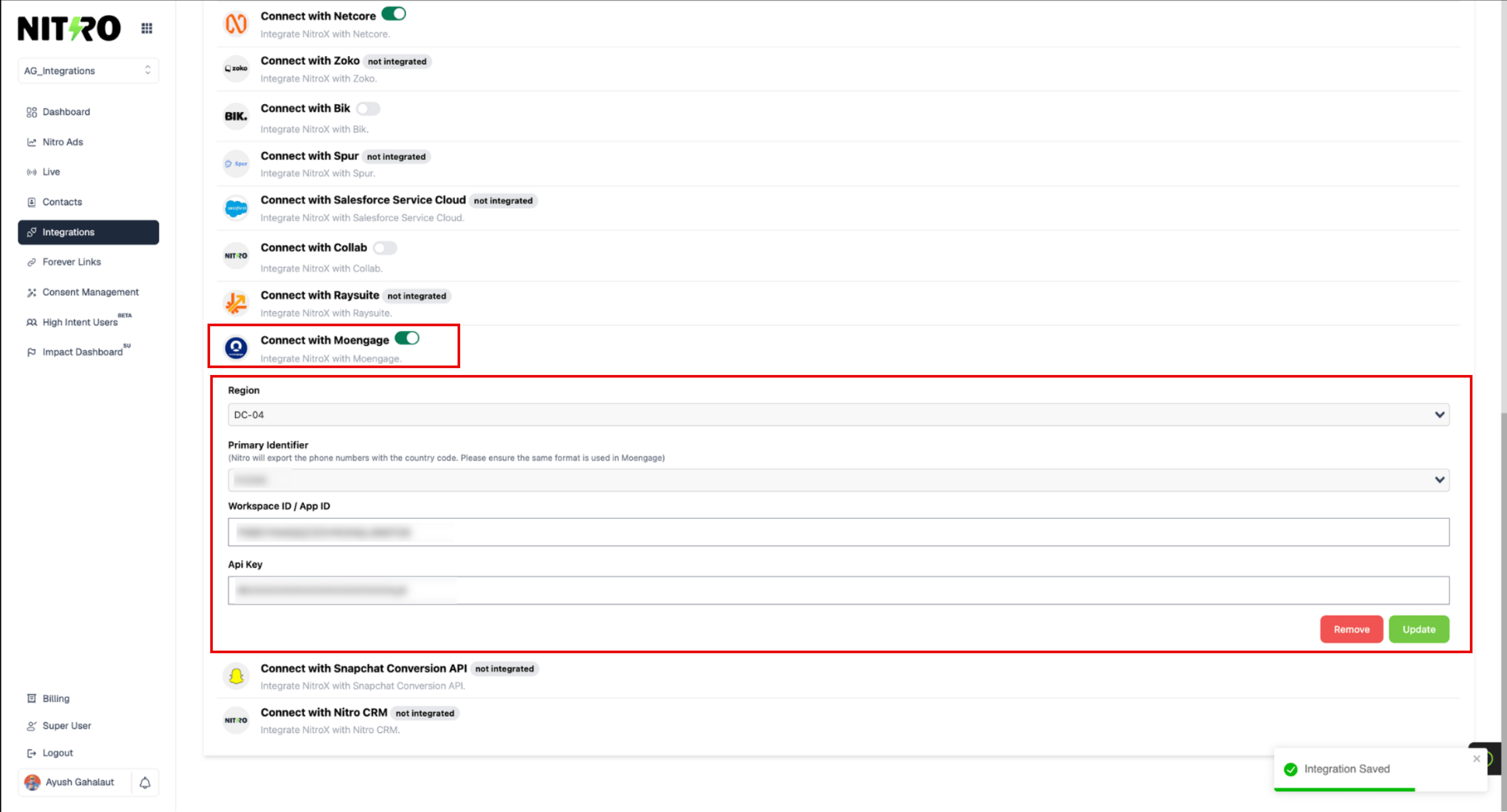 NitroX Connect with Moengage configuration fields