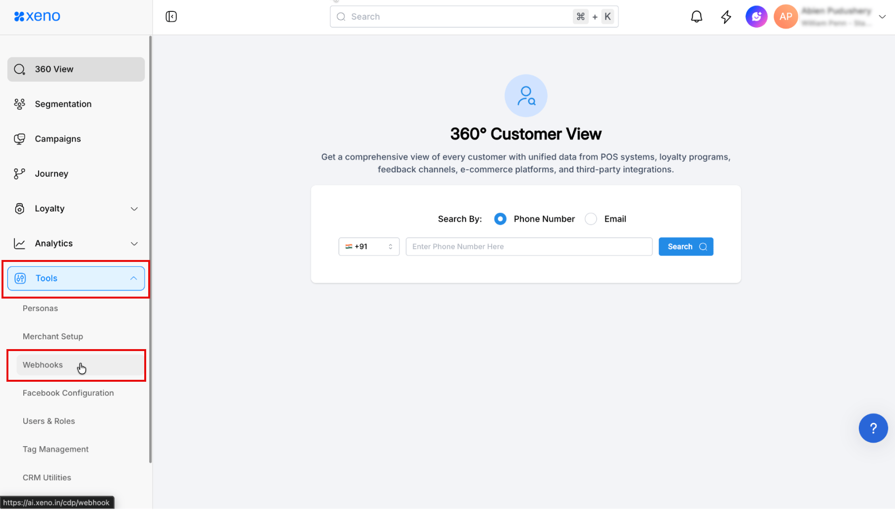 Xeno Tools Webhooks section