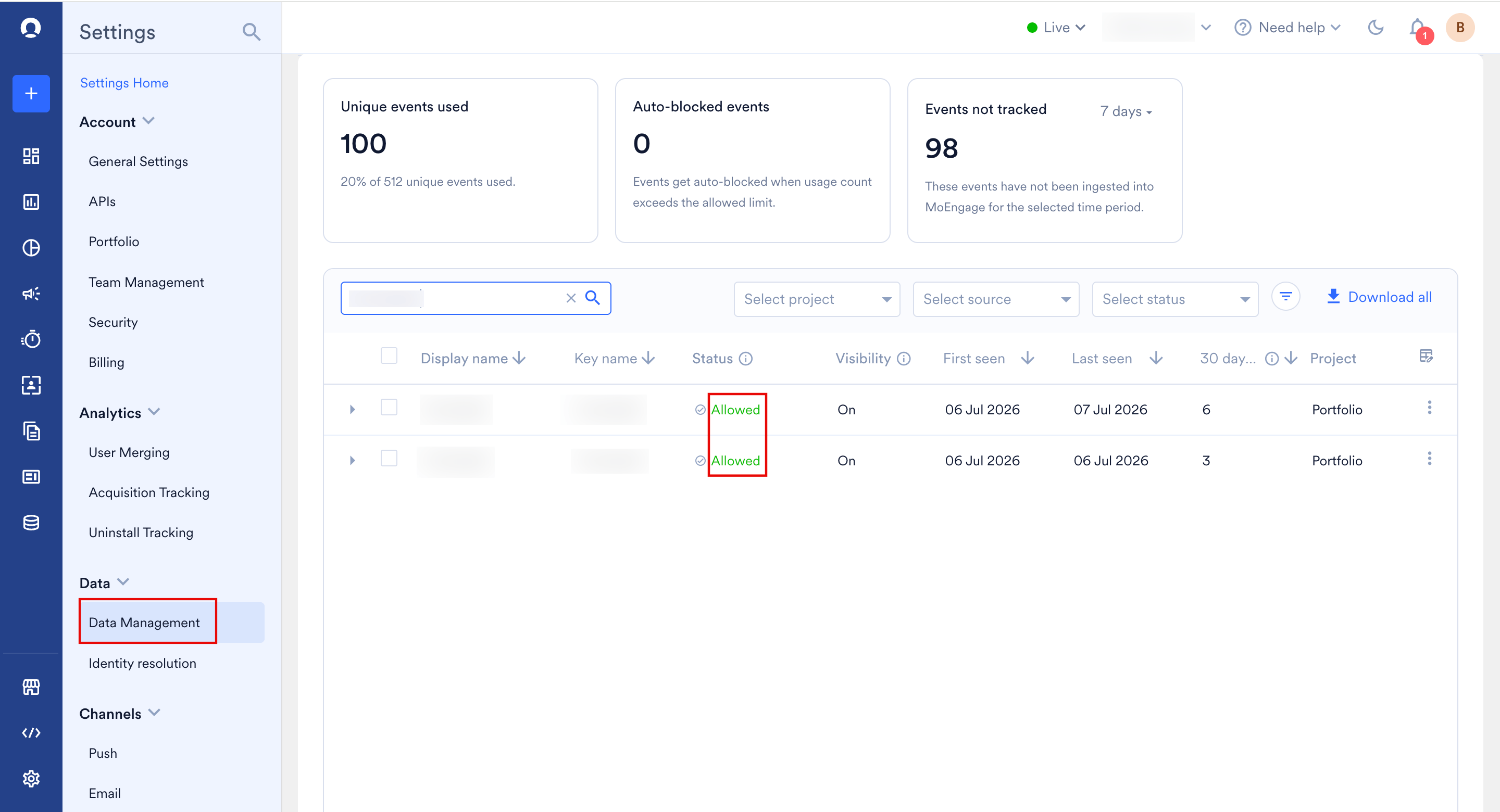MoEngage Data Management page showing event statuses set to Allowed.
