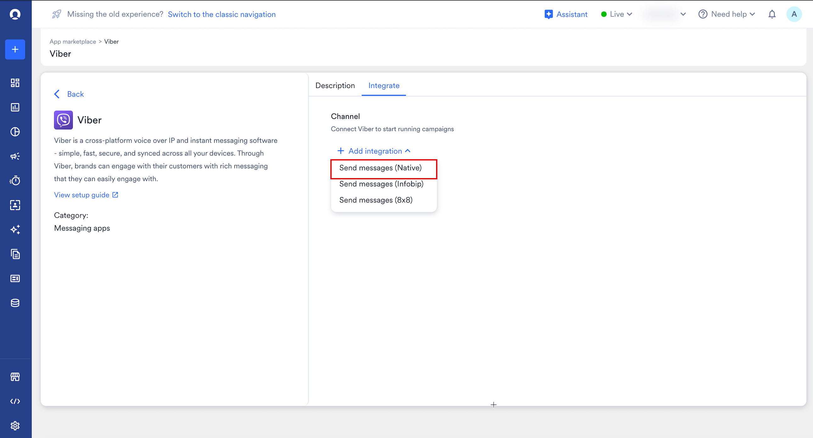 Integration dropdown with Send messages (Native) selected