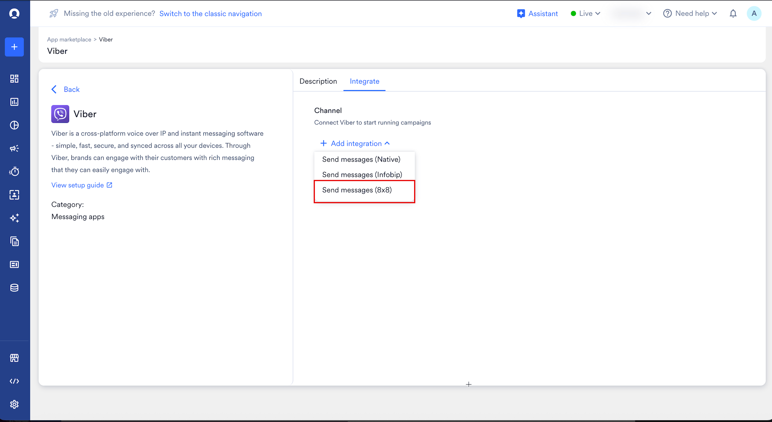 Integration dropdown with Send messages (8x8) selected