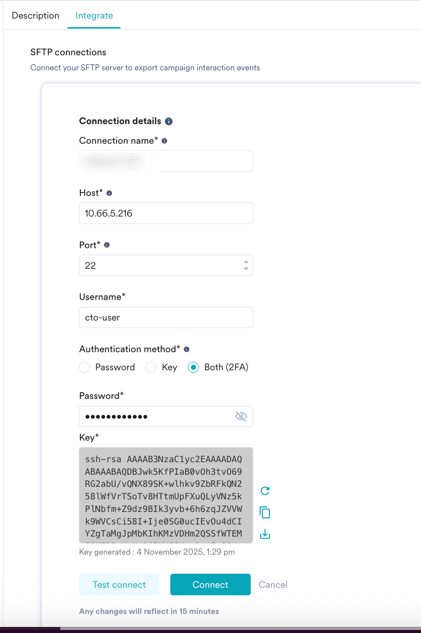 Generated public key displayed when you select Key or 2FA (Both) authentication