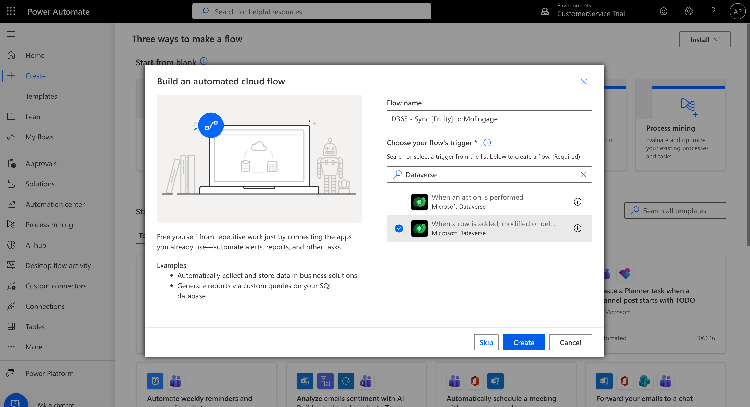 Power Automate trigger configuration options for Dataverse entities