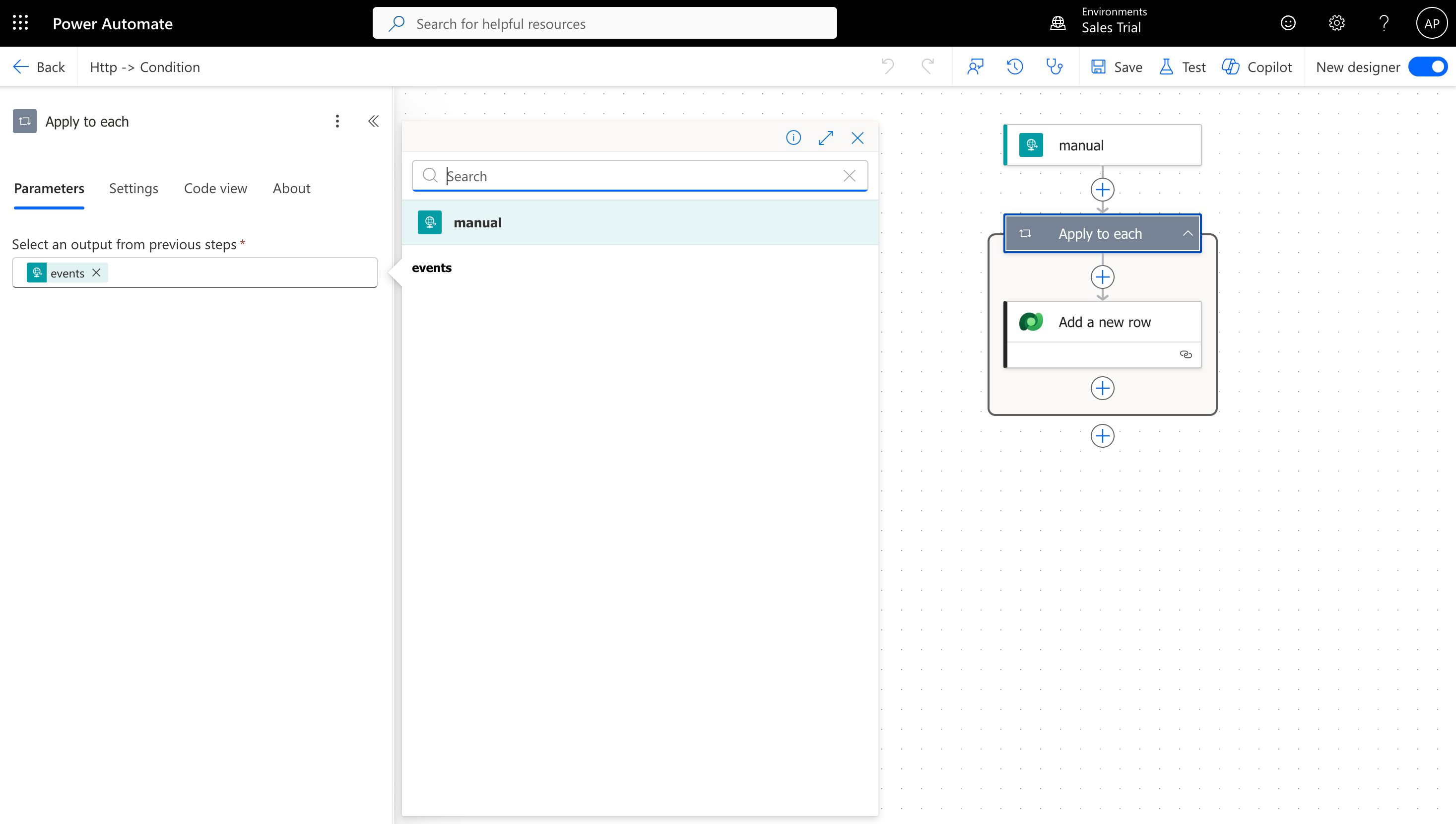Power Automate Apply to each loop configured with the events array as input