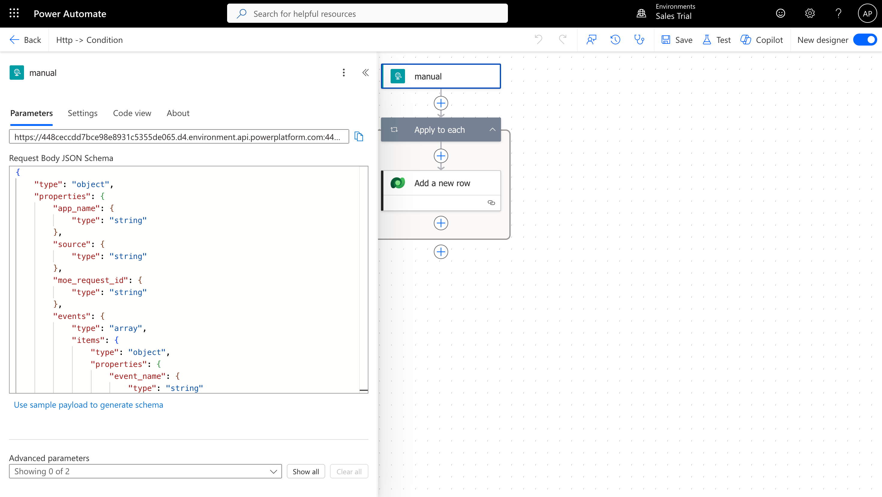 Power Automate HTTP request trigger configuration with Request Body JSON Schema field visible