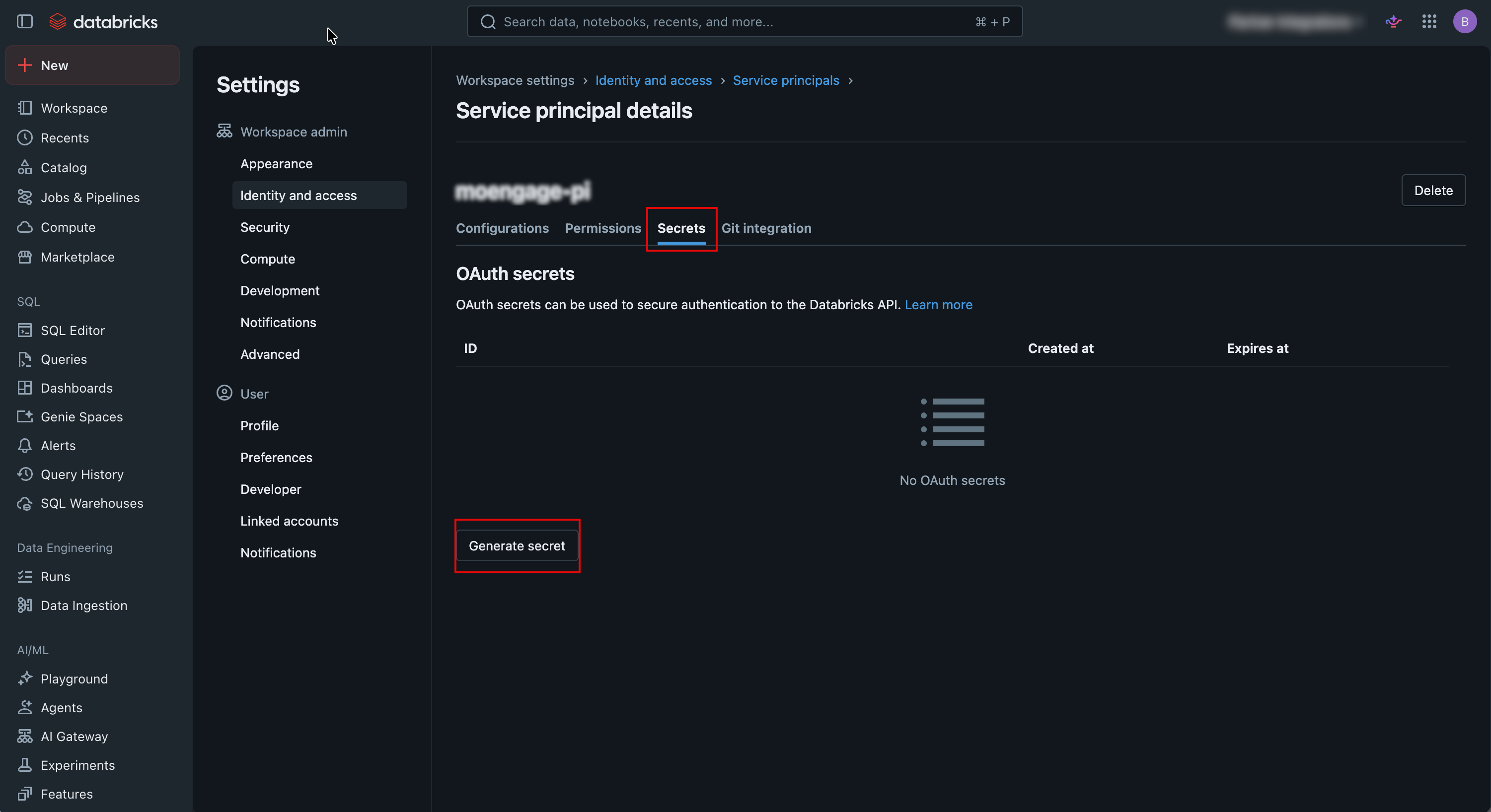 Generate secret button in Databricks service principals Secrets tab