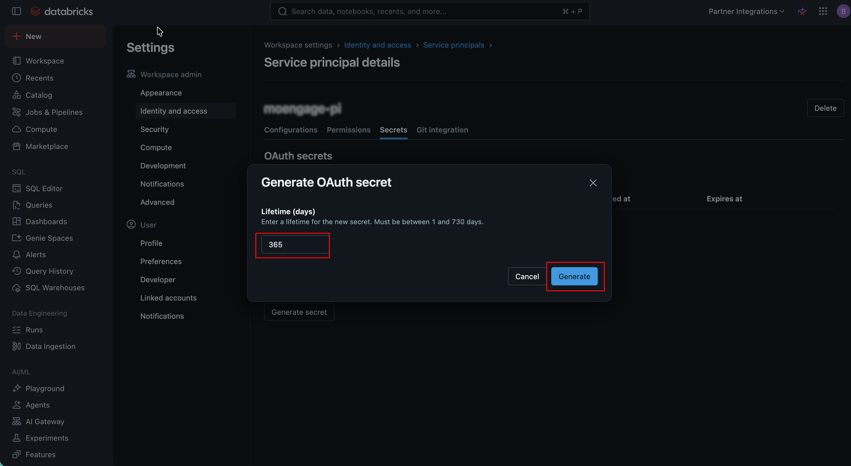 Generate OAuth secret dialog with Lifetime field