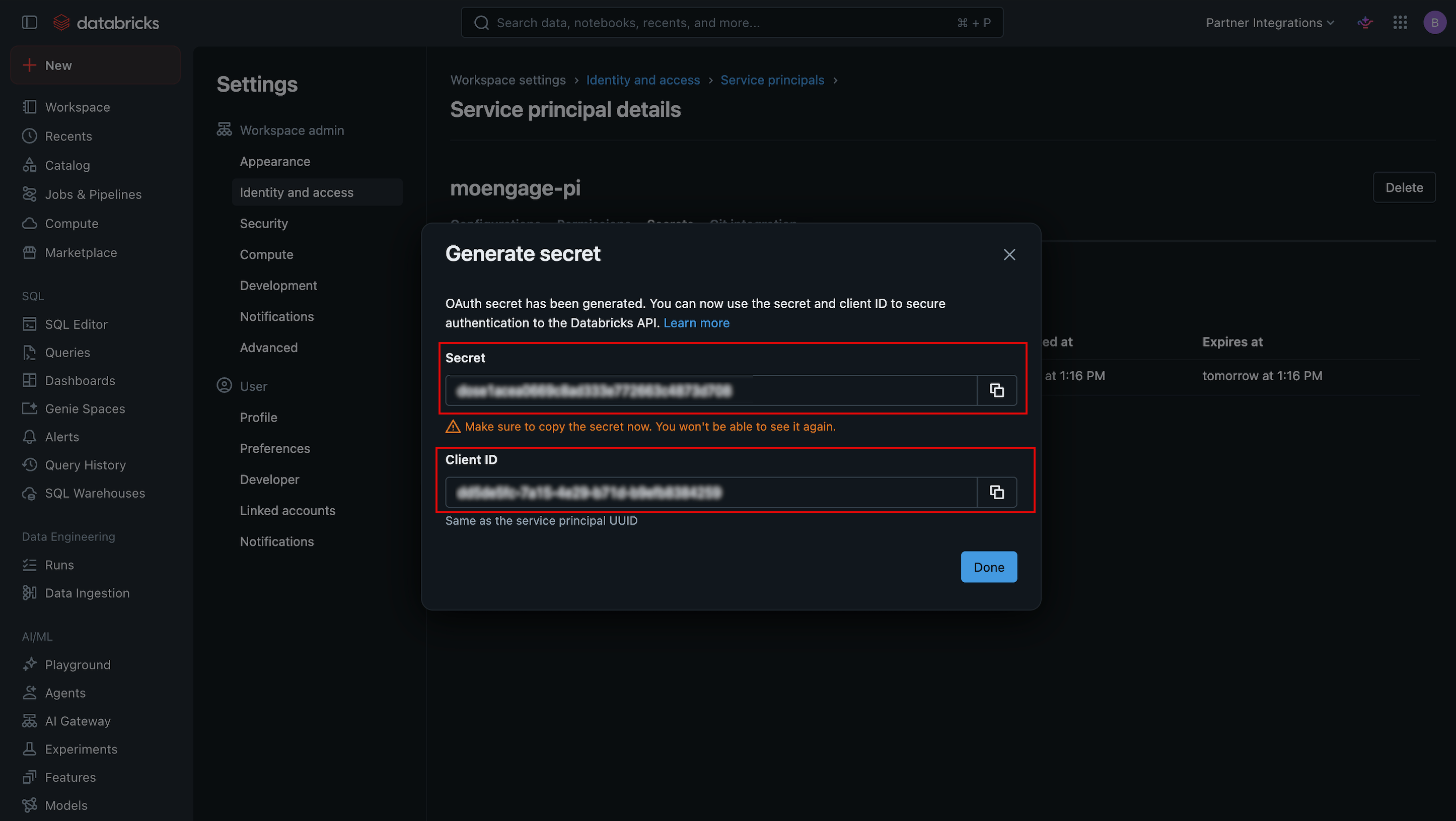 Generated client_id and client_secret confirmation screen