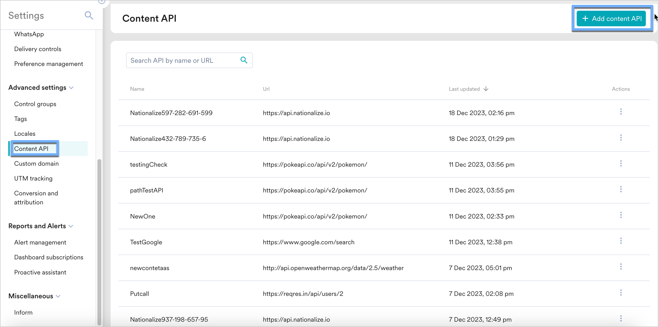 MoEngage Content API screen with the Add content API button highlighted