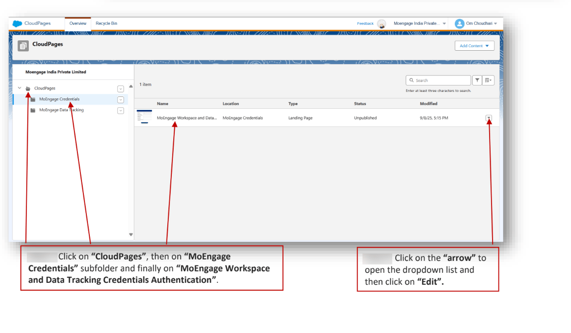 Edit option from the dropdown list on the CloudPage