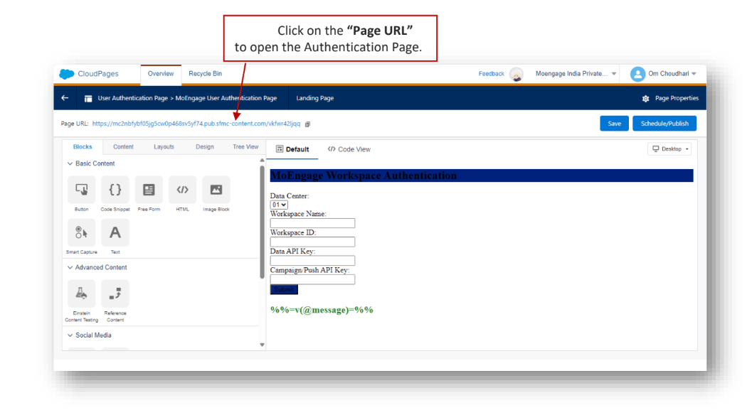 Opening the Page URL to access the Authentication Page