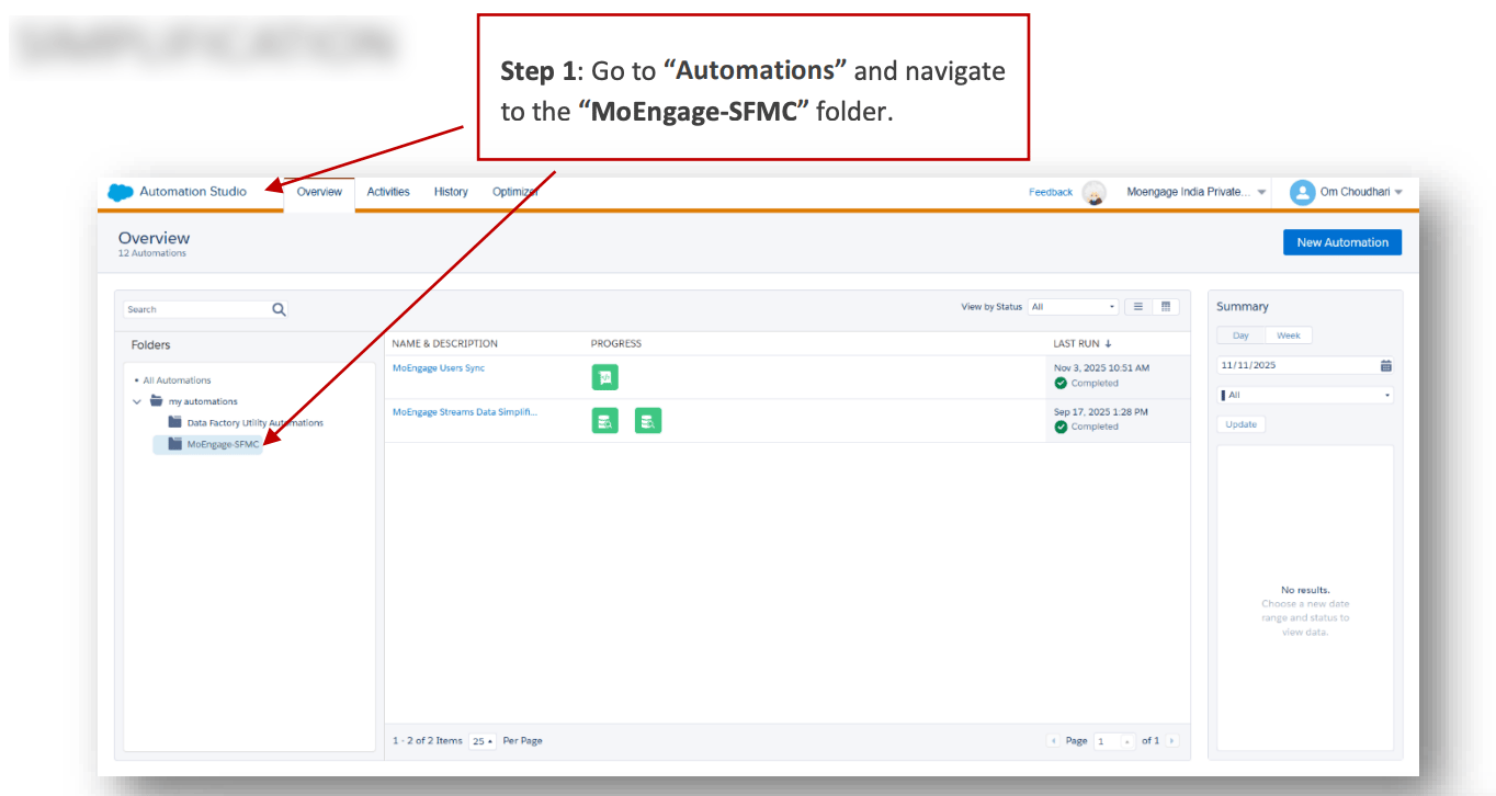 Navigating to Automations > MoEngage-SFMC folder in SFMC