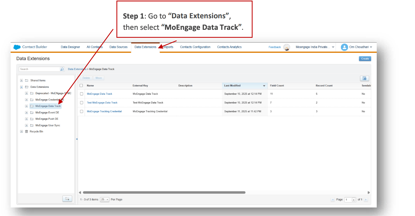 Navigating to Data Extensions > MoEngage Data Track for testing
