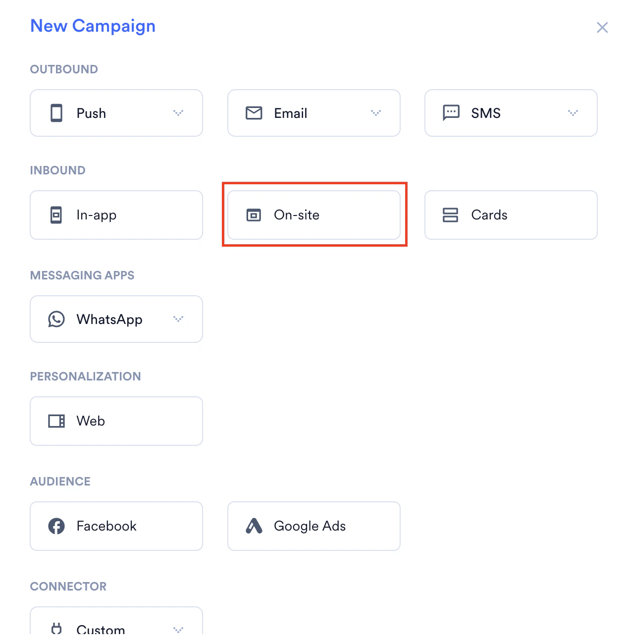 Screenshot showing On-site selected in New Campaign dialog box.