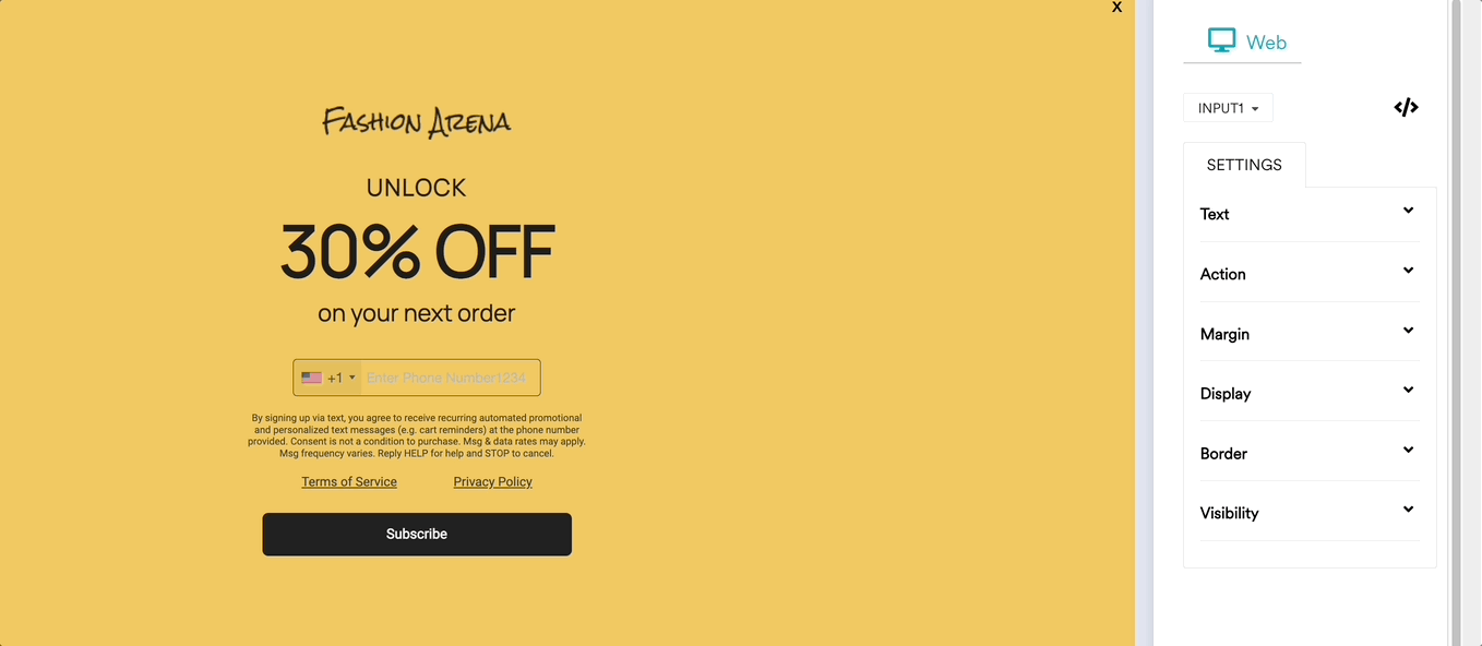 Animated GIF showing SMS Sign-up Fullscreen template on web.