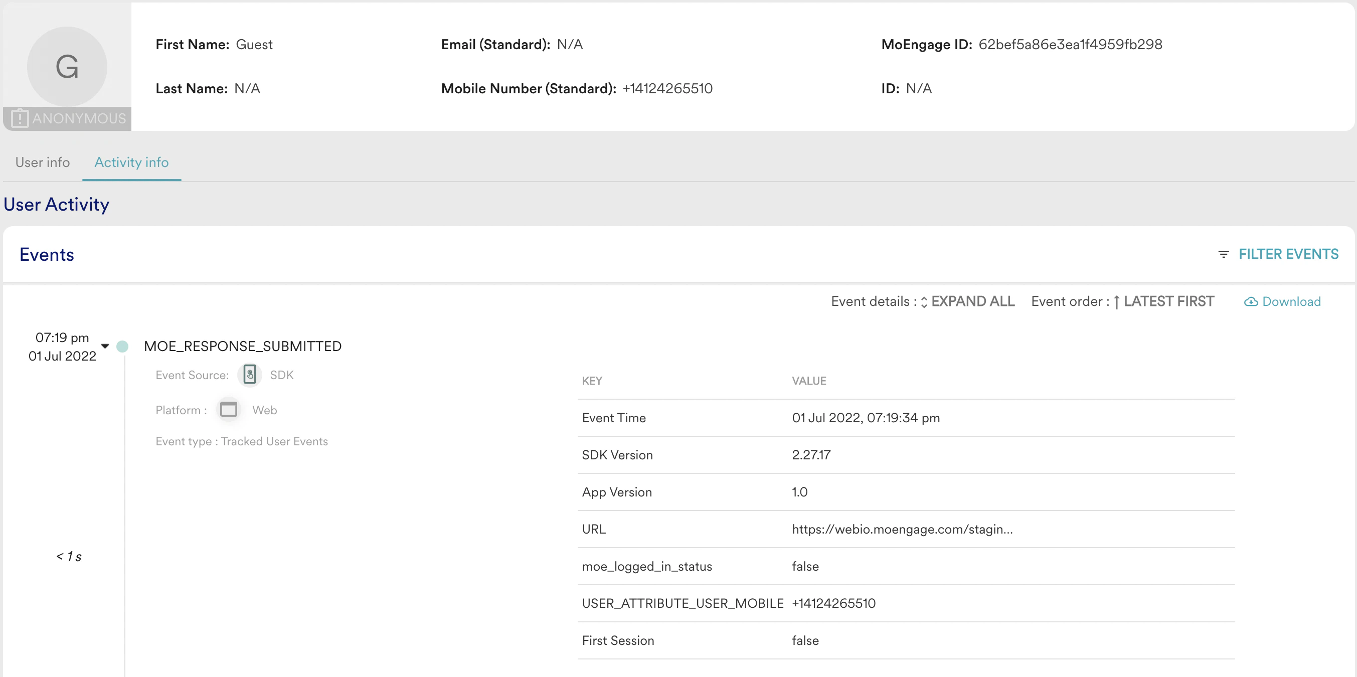 Screenshot of captured SMS Sign-Up data in user profile.