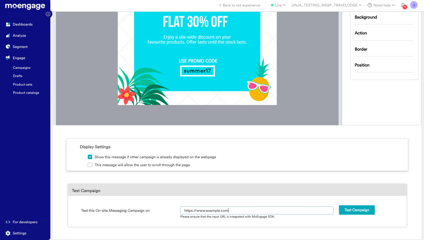 Screenshot showing the Test Campaign feature in the MoEngage dashboard.