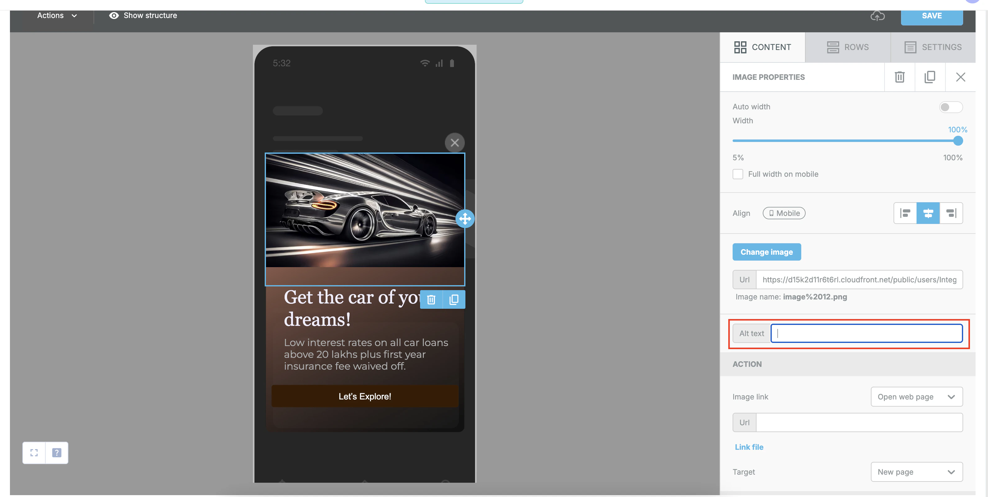 Screenshot showing Alt Text box for an image in the drag-and-drop editor.