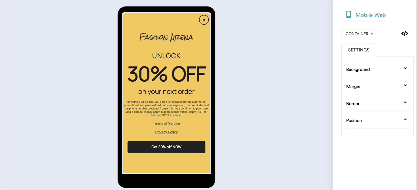 Animated GIF showing SMS Sign-up Fullscreen template on mobile.