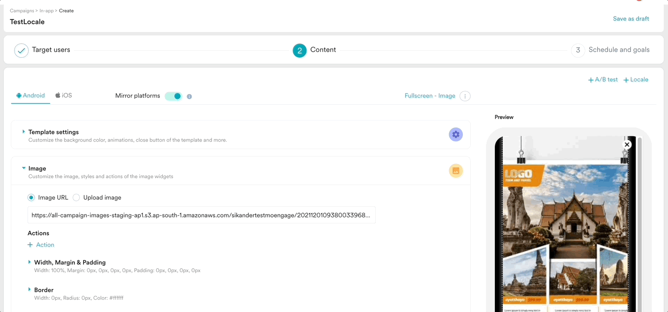 Animation showing the process of adding locales to a campaign and choosing content options.