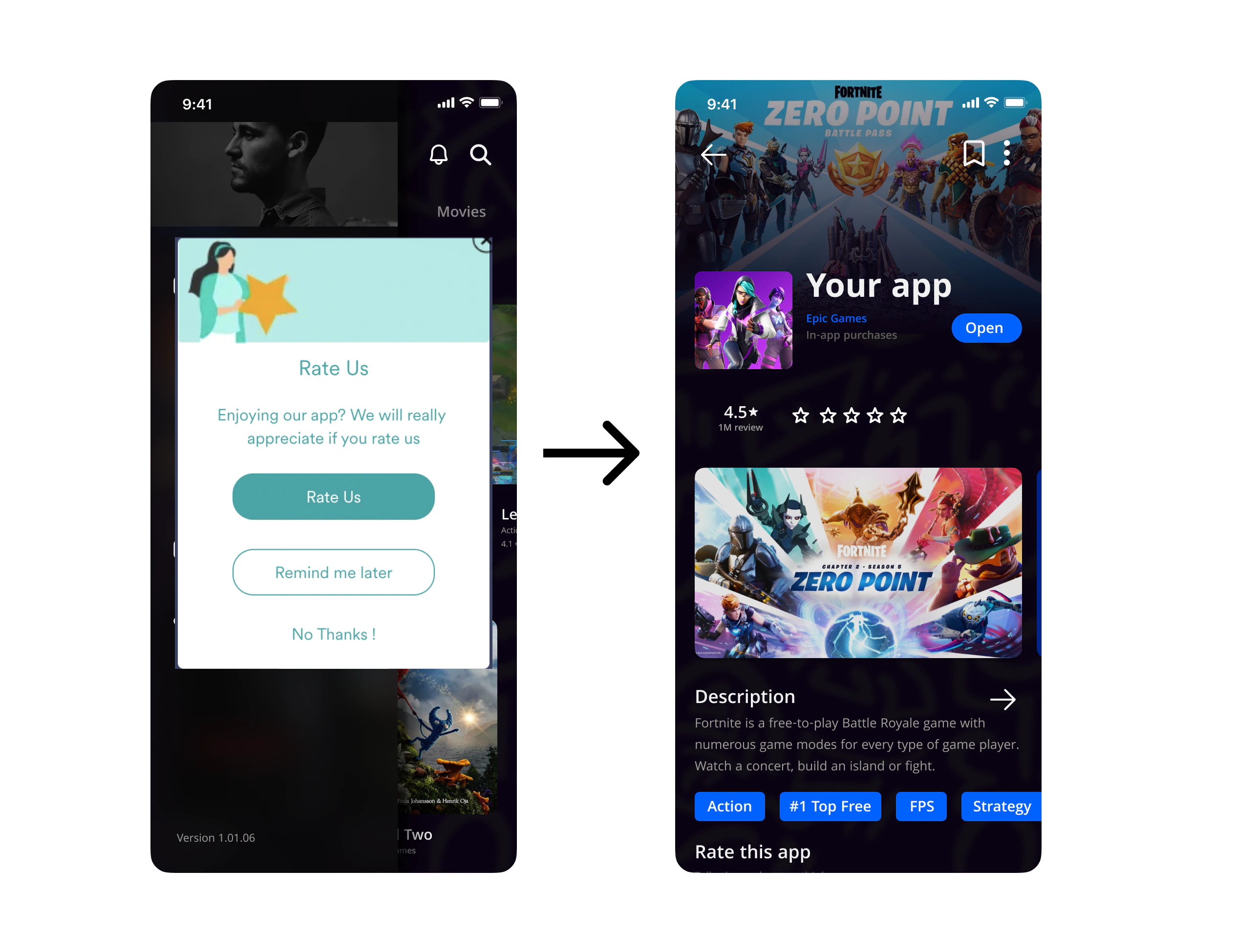 Screenshot showing an in-app message prompting users to rate the app, with a button to direct them to the app store.