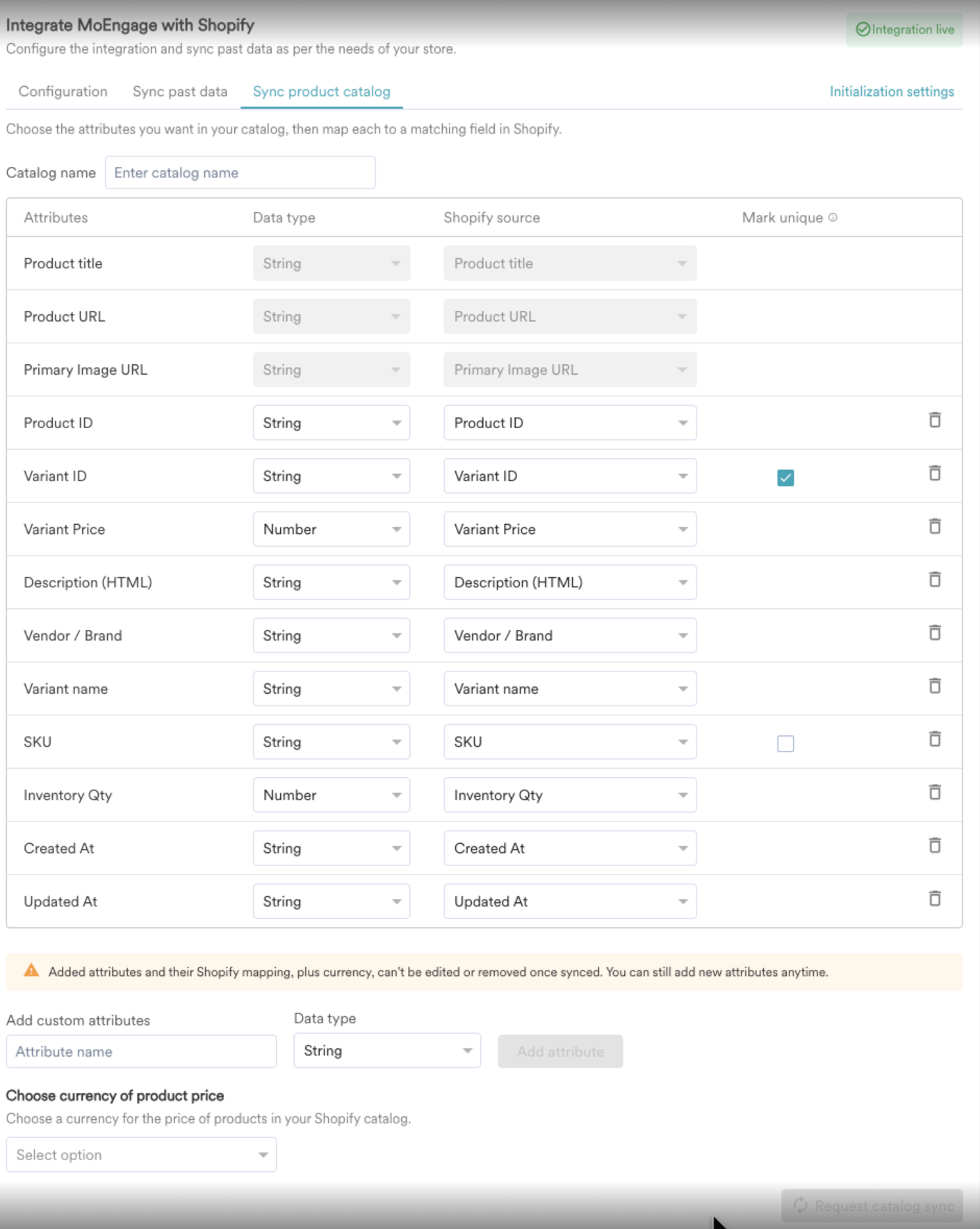 Sync product catalog tab showing the catalog name, the attribute mapping table, and the currency selection