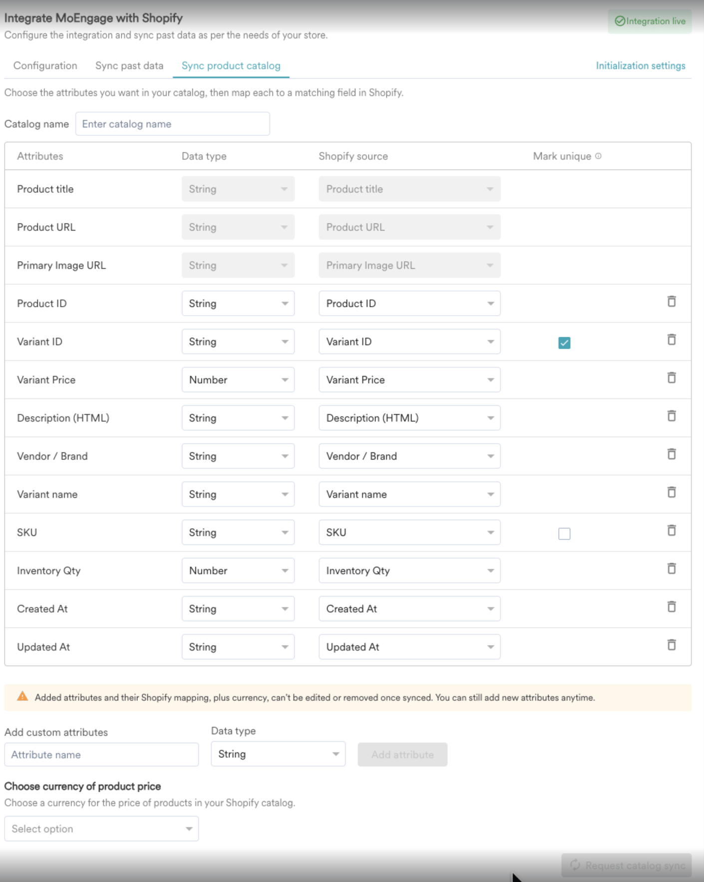 Sync product catalog tab showing the catalog name, the attribute mapping table, and the currency selection