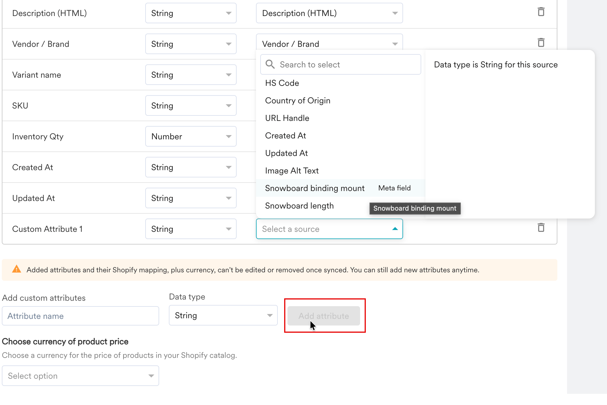 Add custom attributes field with a name entered, a data type selected, and the Add attribute button