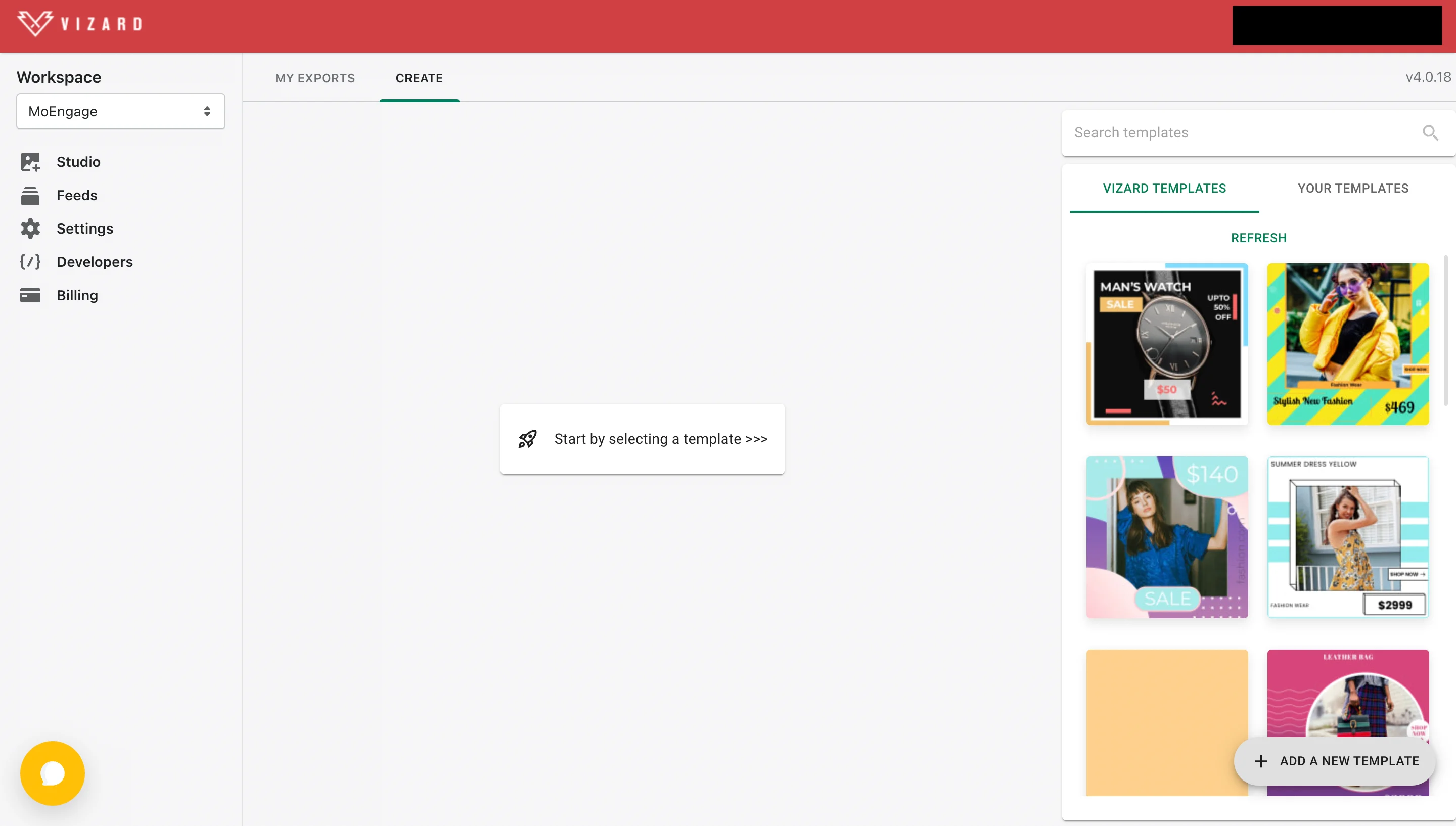 Vizard new project screen with template options